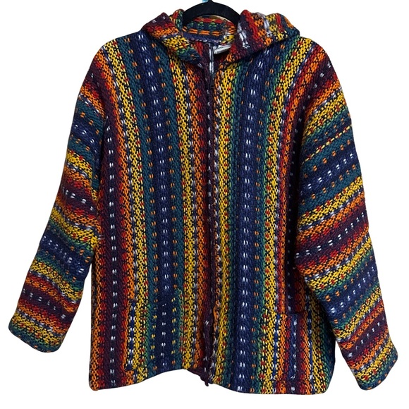 Bolivian Imports By Lucy Wool Rainbow Heavy Knit Hooded Full Zip Hoodie Sweater - Picture 1 of 8
